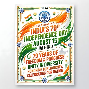 India's 79th Independence Day poster. Celebrating Indian freedom and progress. National pride and unity concept.