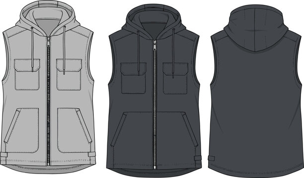Sleeveless hoodie vest CAD drawing, flat vector illustration for garments, fashion design, technical sketch, clothing template, apparel tech pack