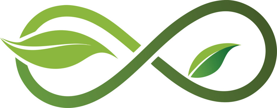 Green infinity symbol with leaves for nature and sustainability isolated on transparent background, Vector