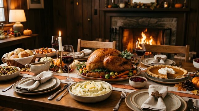 Cozy thanksgiving day dinner table setting with roasted turkey and traditional sides