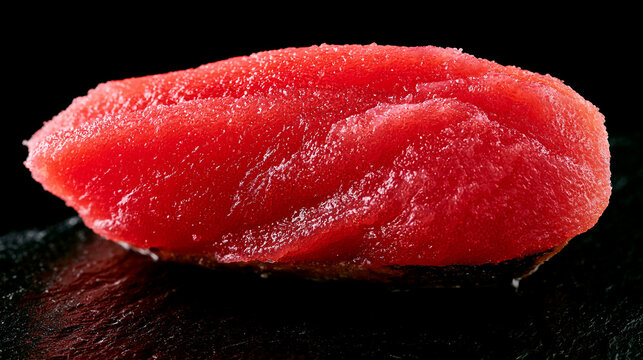 A Top-Down Macro Shot of a Single Vibrant Pink-Red Cod Roe Nigiri