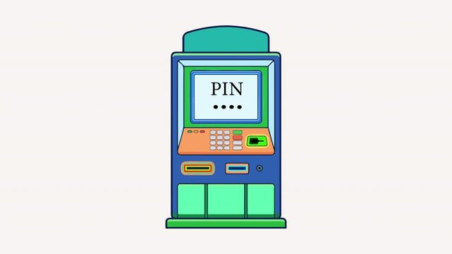 Automated teller machine icon with entering pin code and money dispensing, banking and financial transaction concept motion Video, animation of an ATM machine with PIN screen and cash withdrawal.