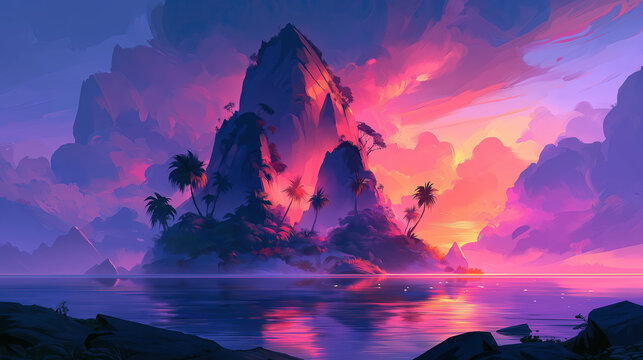 Digital painting of a fantasy tropical island with rocky peaks, palm trees and vibrant pink orange sunset sky reflecting on calm ocean water, dreamy landscape illustration.
