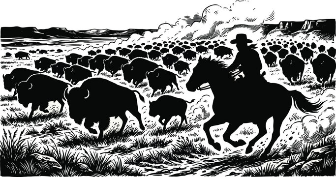 Vintage Woodcut Illustration of a Lone Cowboy on Horseback Galloping with a Massive Stampede of Bison Across the American Prairie Plains, Retro Black and White Western Landscape Art.
