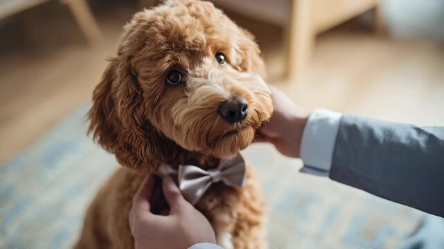 Adorable brown poodle dog sits patiently while a person gently ties a stylish bow tie around its neck. The cozy home setting highlights the pet's charming and elegant appearance