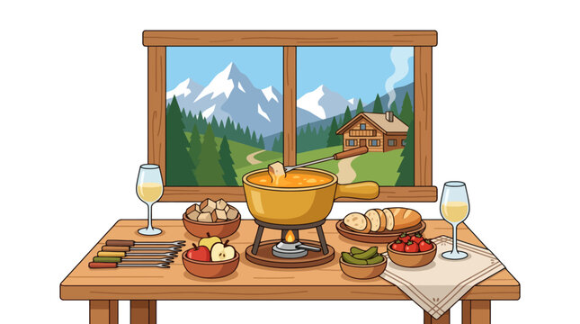 Traditional Swiss cheese fondue dinner set on a wooden table with mountain view. EPS Editable. Vector Illustrations.