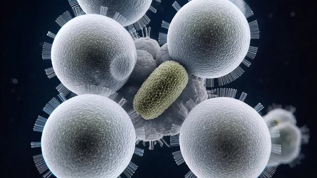 Coronavirus particles attacking rod-shaped probiotic bacterium in dark microscopic space, cinematic 3D animation, symbolizing immune system defense, gut health, and microbial warfare