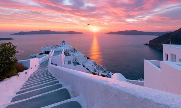 A breathtaking sunset over Santorini, Greece, viewed from a descending whitewashed stone staircase overlooking the caldera.