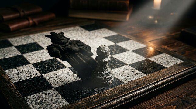Chess pawn casts a king-shaped shadow on a textured stone board to represent the hidden potential of a small piece in a strategic game.