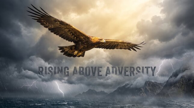 Majestic Eagle Soaring Above Stormy Sea with Rising Above Adversity Motivational Text