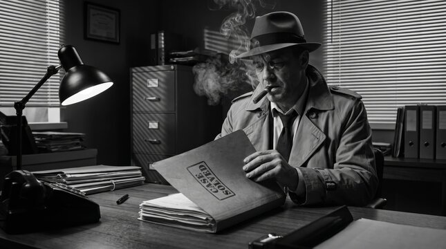 Film Noir Private Detective Sitting at Desk with Case Solved Folder and Smoking Cigar