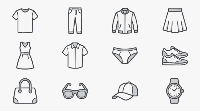 Clean Minimalist Line Drawing Set of Everyday Clothing and Accessory Icons in Monochrome with high quality professional line art symbols for modern creative design and digital branding projects