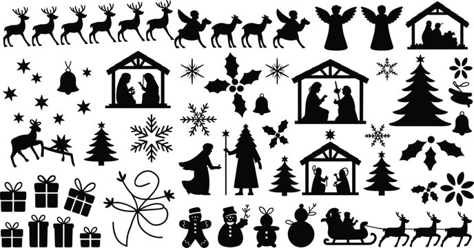 Christmas nativity scene and winter holiday elements silhouettes including reindeer angels and gifts
