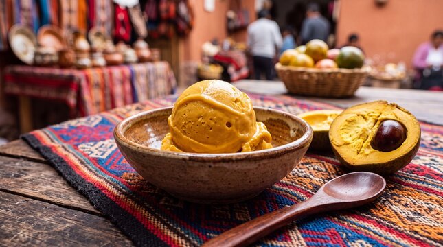 Scoop of fresh lucuma ice cream in a rustic bowl on a traditional Andean textile at an outdoor market