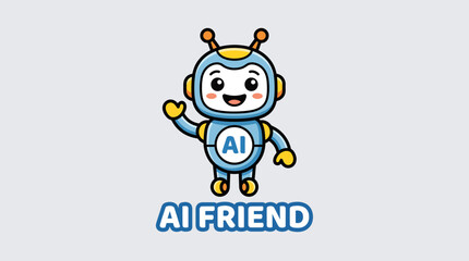 Fototapeta premium Cute Robot Character with Friendly Expression and AI Friend Text.