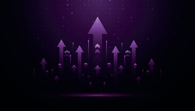 Dark purple gradient abstract business background with upward moving glowing arrow style lines decoration. Modern futuristic light speed effect design. Vector illustration EPS. 3