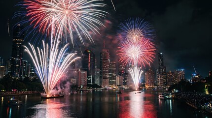 Obraz premium Colorful Fireworks Bursting Over Glowing City Skyline at Night