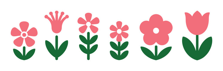春と自然プロジェクト向けの白背景に隔離された緑の茎と葉付きシンプルなピンクの花6点コレクション © Parvej stock