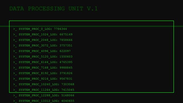 Dynamic scrolling computer code and system logs, green text on black screen, data processing and analysis, representing technology, programming, and digital information flow