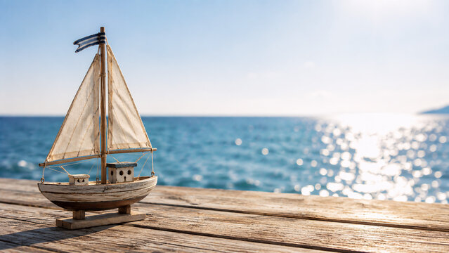 Dekoratives Segelboot aus Holz vor glitzerndem Meer bei Sonnenschein