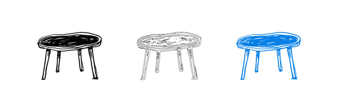 Three minimalist stools in different colors isolated on transparent background, Vector