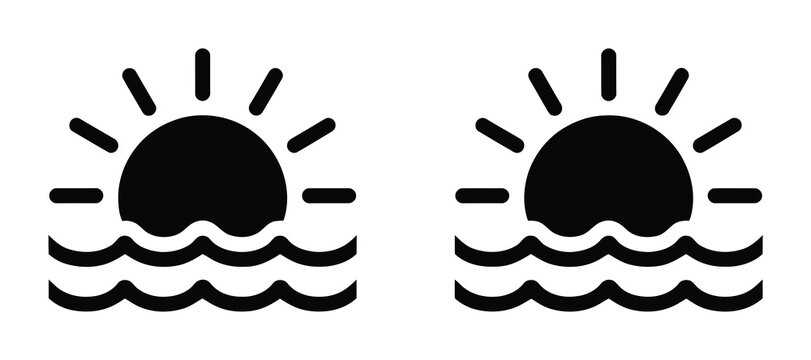 用途向けの清潔な白背景に隔離された太陽が海の波に昇るまたは沈む様子を描いたミニマル白黒2点