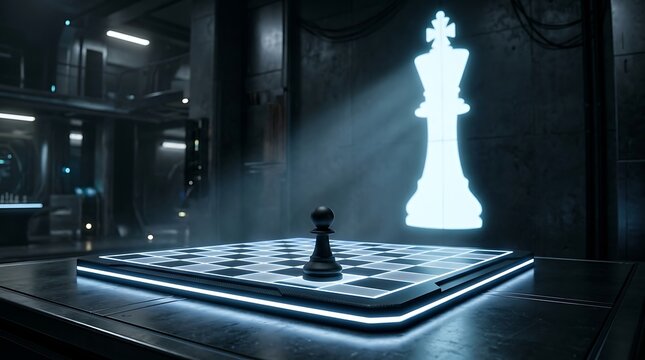 Chess pawn stands on a glowing neon chessboard in a futuristic dark room with a holographic king.