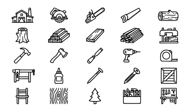 Sawmill Timber and Woodworking Thin Line Icon Set with Lumber Tools and Carpenter Vector Symbols
