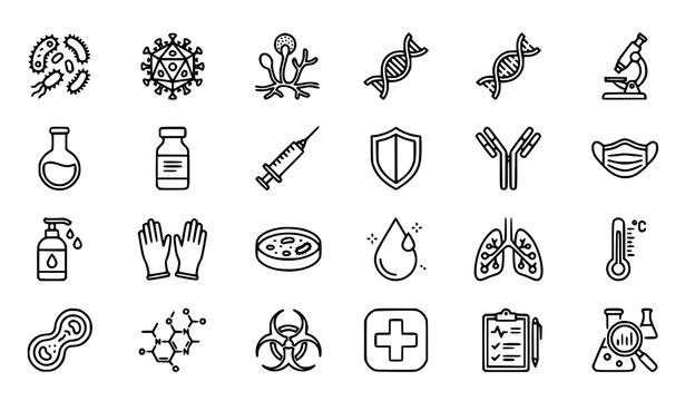 Bacteria Virus Healthcare Vector Icon Set with Laboratory Science Immunity and Medical Outline Symbols