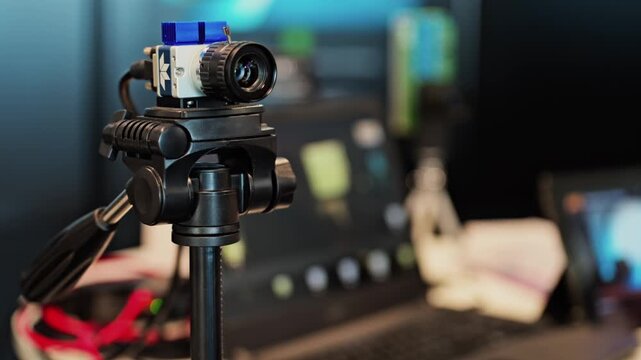 Industrial vision camera mounted on tripod in laboratory setting for precise optical inspection clip.