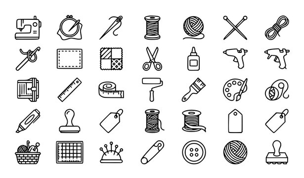 Handmade Crafting and DIY Workshop Outline Icon Set with Sewing Tools and Creative Hobby Symbols