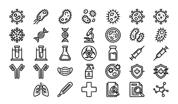 Bacteria and Virus Line Icon Set with Microbiology Germ Pathogen Laboratory and Healthcare Vector Symbols