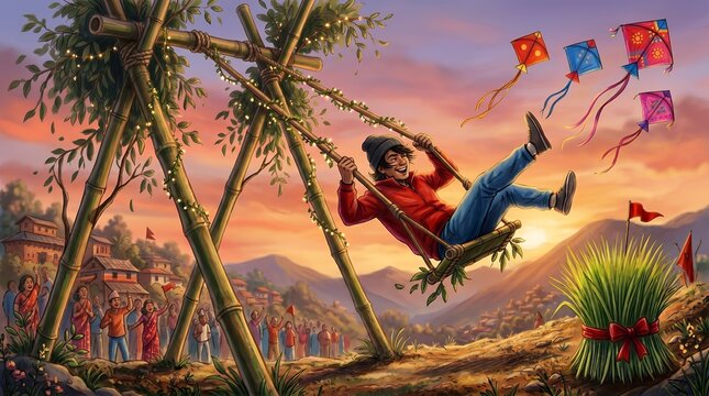 Happy young man enjoying a traditional bamboo swing during a vibrant and festive cultural celebration event