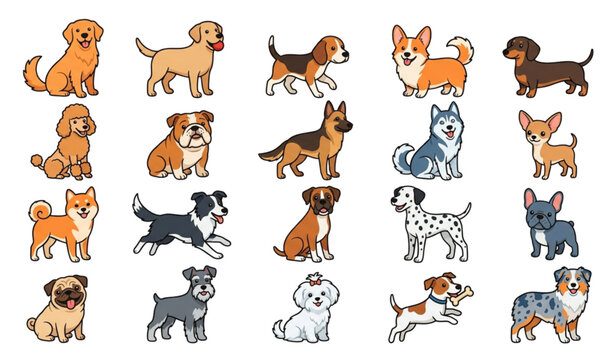 Cute Dog Breeds Cartoon Vector Collection in Different Poses