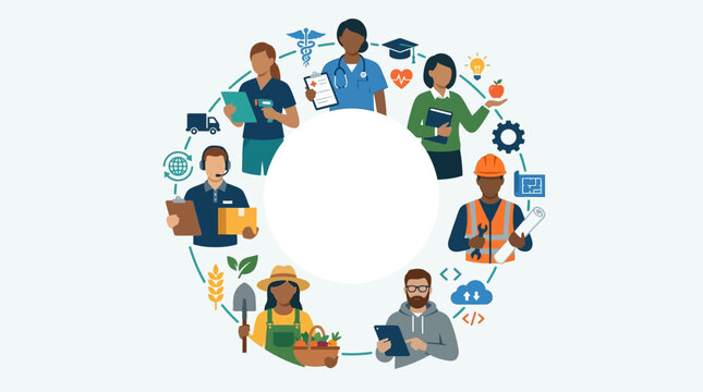 Diverse professions forming a circle frame with empty space in the middle