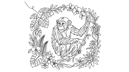 Chimpanzee Sitting in Lush Tropical Jungle Foliage Frame - Line Art Illustration