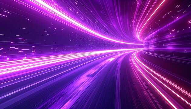 Abstract glowing neon tunnel with bright pink and purple light trails, digital data stream, motion blur, futuristic cyberspace