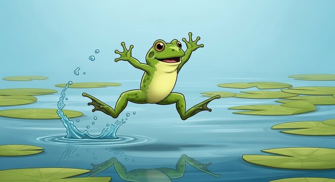 Green frog jumping on water surface.