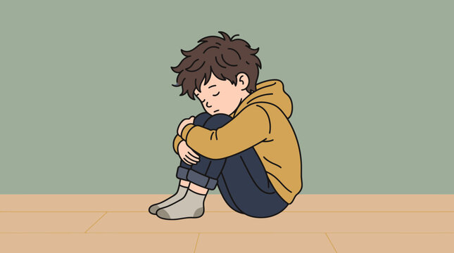 Sad cartoon boy sitting alone on floor.
