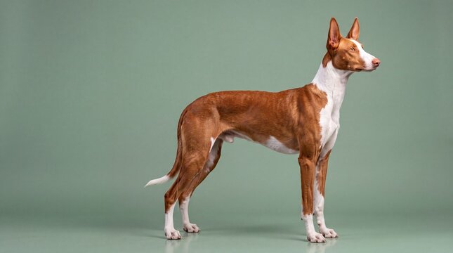 Full body profile of an Ibizan Hound standing against a green background