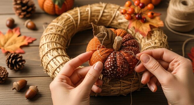 Hands making autumn fall wreath decoration.
