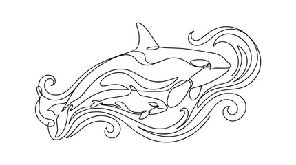 Continuous Line Drawing of Orca Whales and Waves © Yusuf