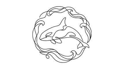 Continuous line art of orca whales swimming in circular wave pattern, minimalist design © Yusuf