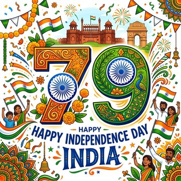 Indian Independence Day celebration. Happy 79th anniversary India. National pride and patriotism.