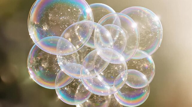 Floating soap bubbles cluster, vibrant rainbow reflections and translucent surfaces in golden sunlight, slow motion close-up, symbolizing fragility, joy, and fleeting beauty