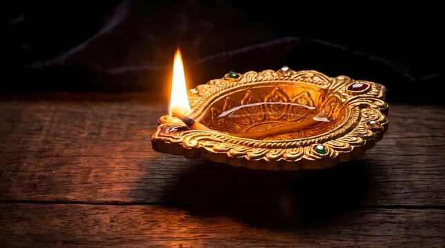 Ornate golden diya oil lamp burning in the dark.