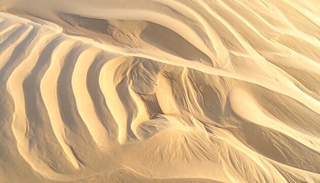 Close-up of sand ripples on a beach, natural abstract pattern created by water flow, golden hour light casting long shadows, serene texture