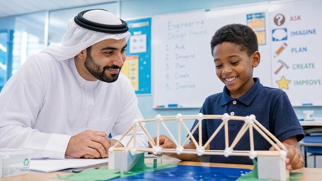 Arab Male Teacher and Diverse Boy Student Building STEM Bridge Model in Classroom