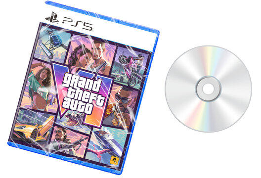 Grand Theft Auto VI PS5 Tilted Shrink Wrapped Case Beside Separate Disc Isolated on White Background