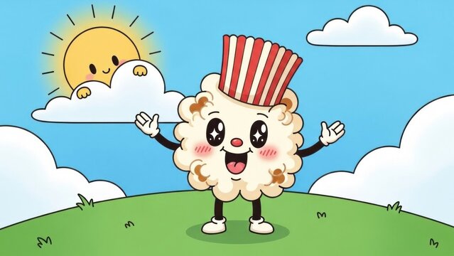A cheerful cartoon popcorn character with a red and white striped hat stands on a green hill waving, surrounded by blue sky, fluffy white clouds, and a smiling sun